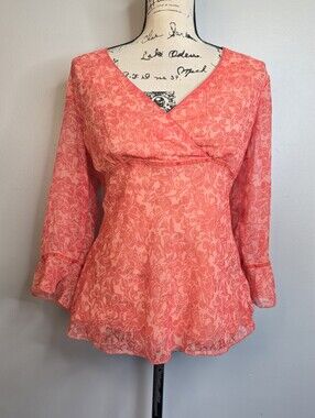 y2k Faded Glory coral pink floral print blouse with ruffle sleeves Sz Small